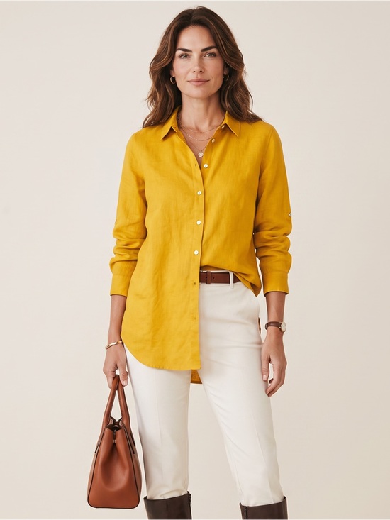 J. Jill Tops - J.Jill Love Linen 100% Linen Button-Front Tunic – Size M – Mustard Yellow 🌼